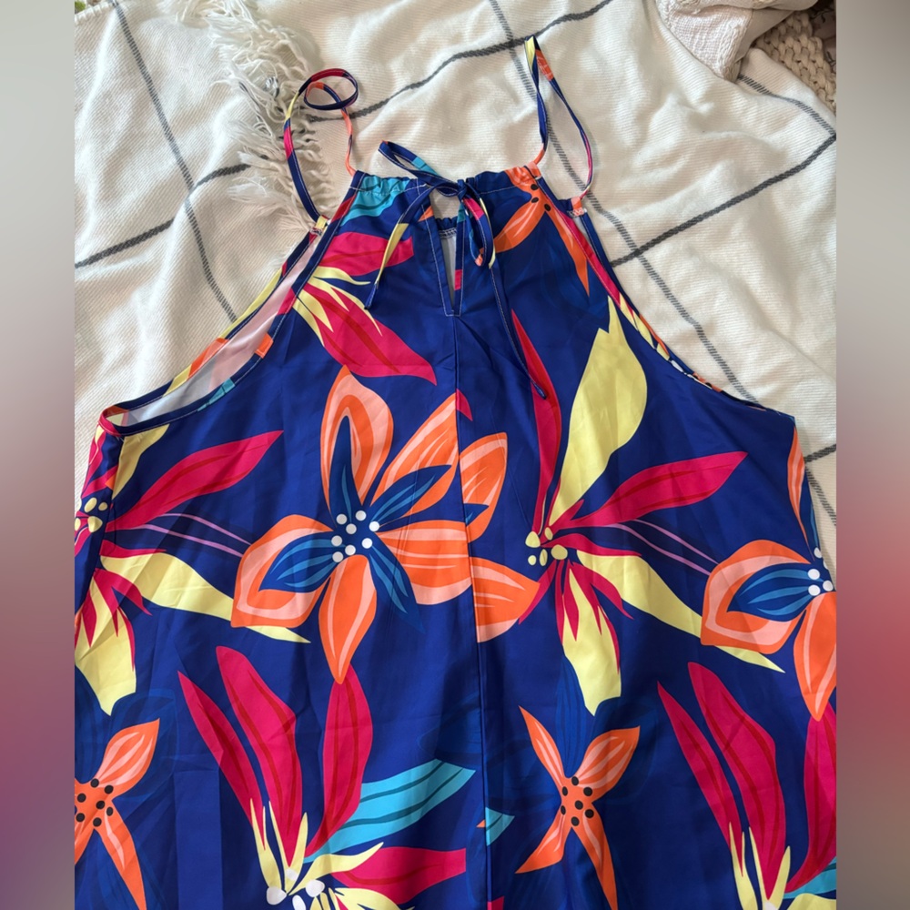 SHEIN Navy Halter Mini Dress with Orange, Pink & Yellow Floral Print - Picture 7 of 12